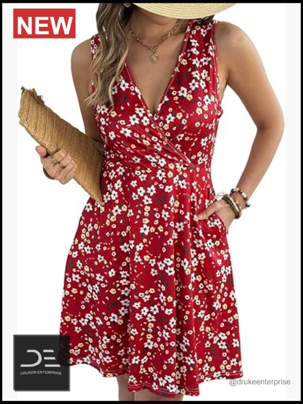 Sleeveless V-Neck A-Line Sundress with Elastic Waist and Pockets